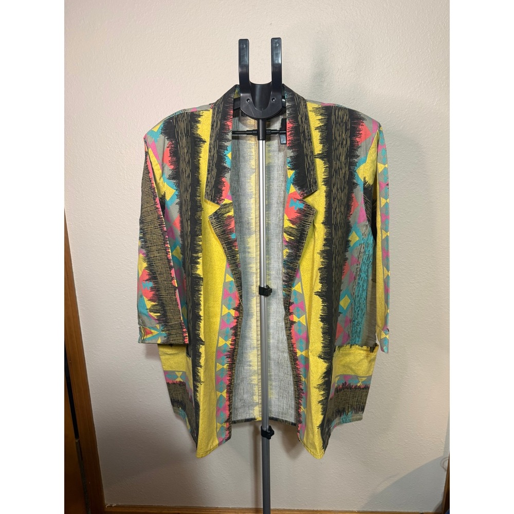 Vintage Peter Elliott Geometric Print Blazer Cotton Open Front Jacket USA Made M